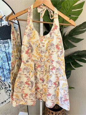🌺☀️ Roxy Tropical Floral Halter Dress Medium | Beachy Boho Cotton Sundress